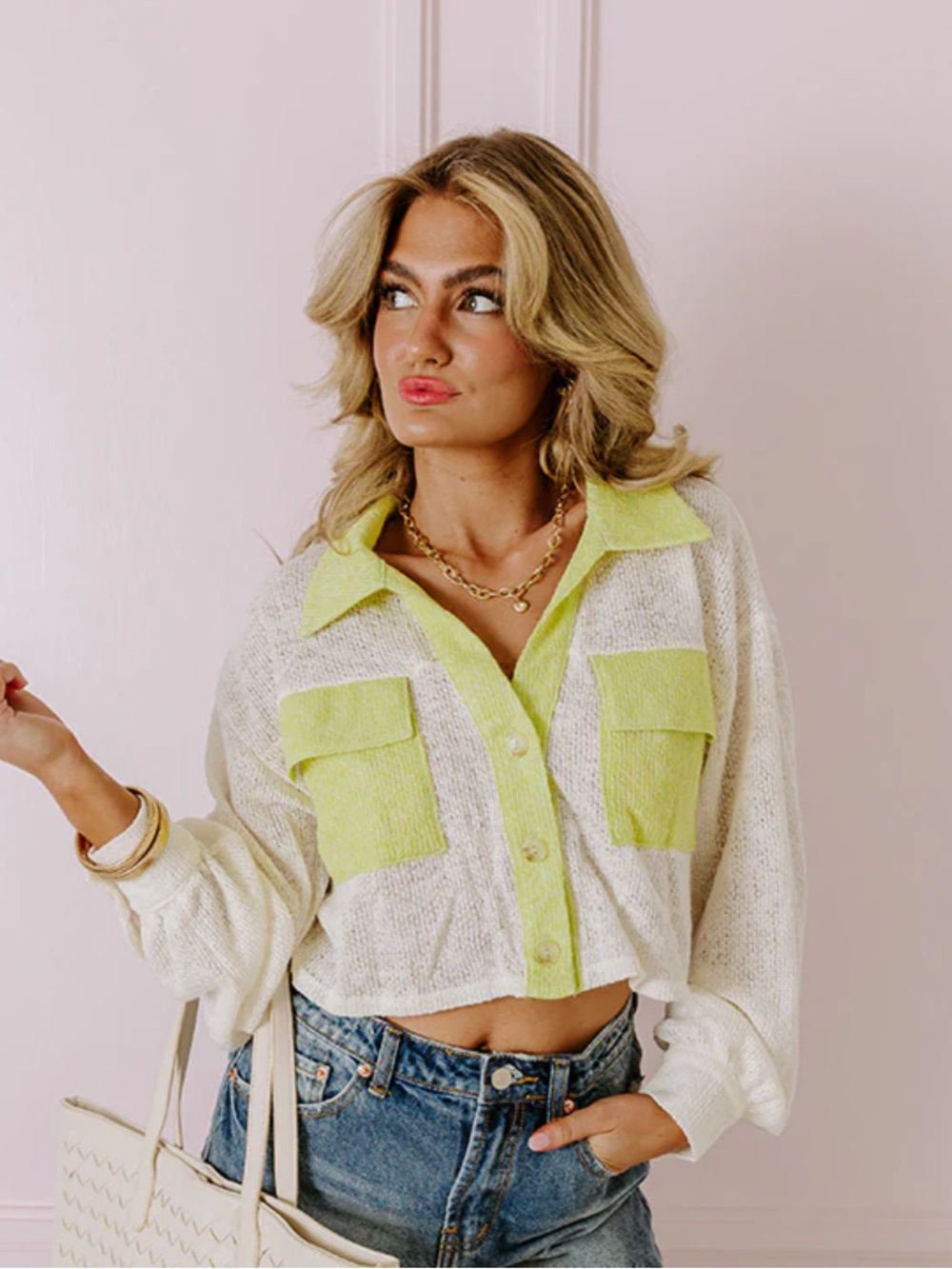 Le Lis White Cropped Knit Button-Down with Lime Accents